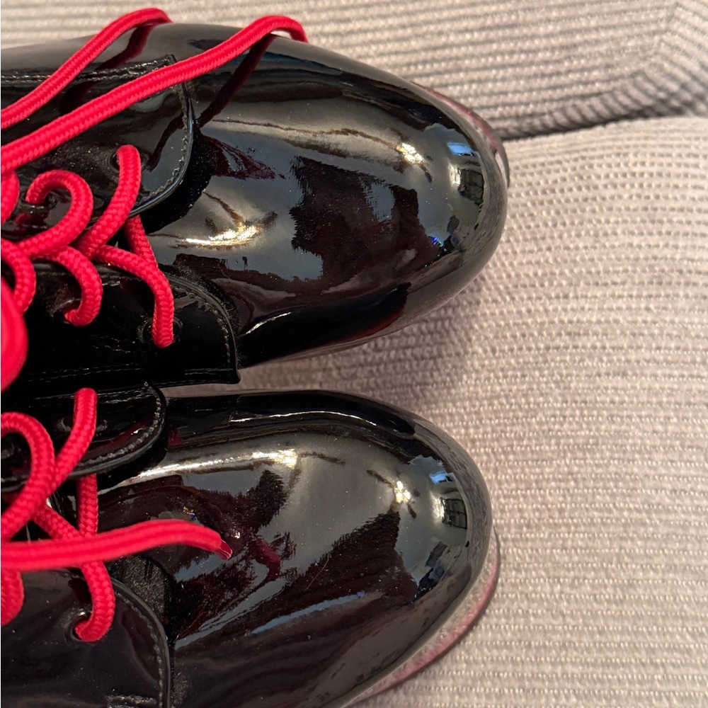 Pleaser Black Patent Platform Lace-Up Boots with Red Ombre Heel - Picture 3 of 9